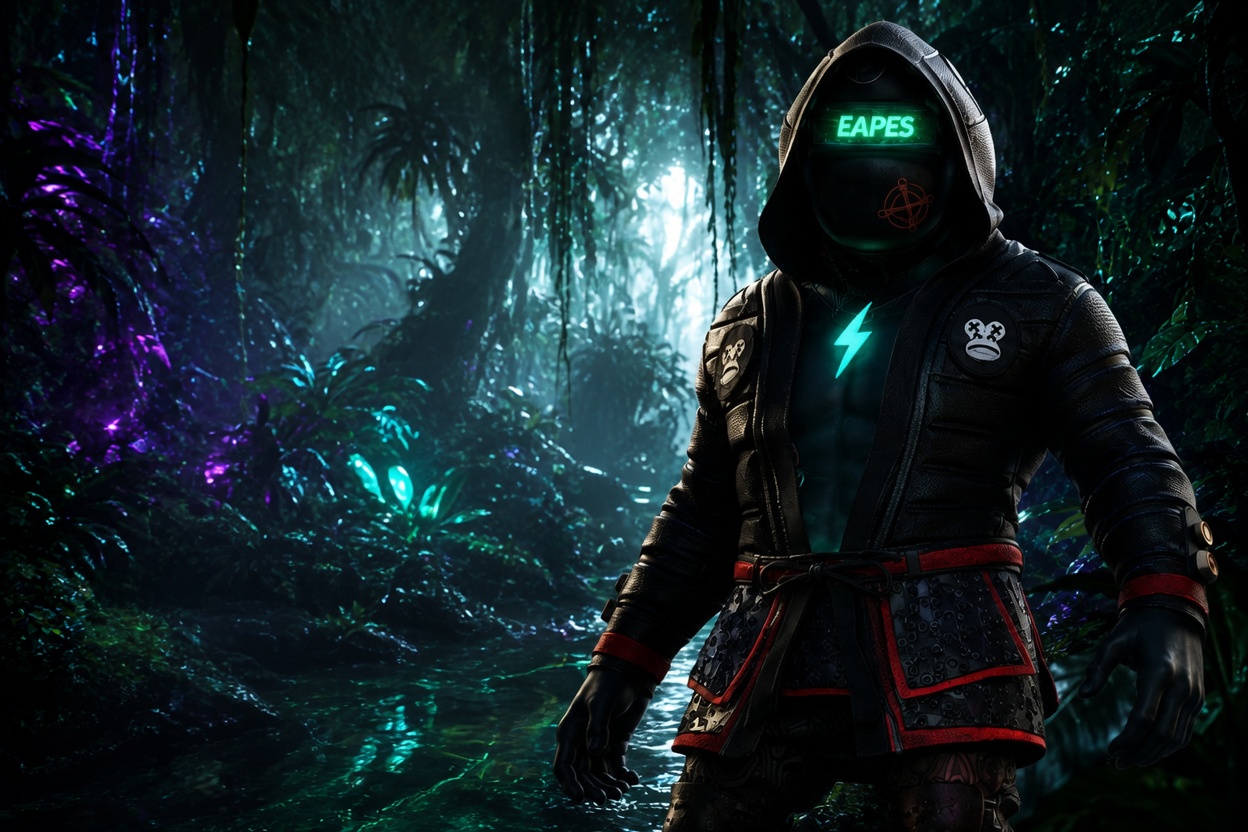 A hooded EAPES avatar standing in a luminous jungle