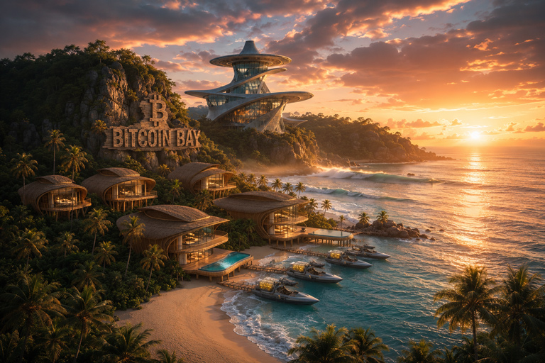 Bitcoin Bay coastal district at sunset with villas and a futuristic tower