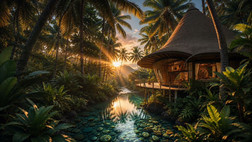 Crystal-clear tropical river beside an island retreat at sunset
