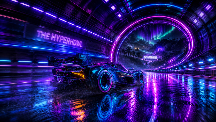 Futuristic race car speeding through the neon HyperHowl circuit