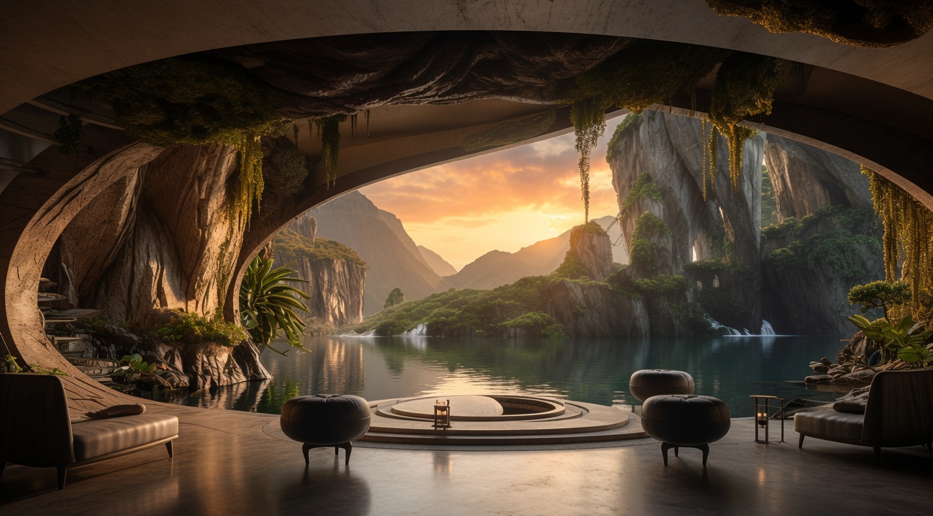 Open retreat cave overlooking a mountain lake