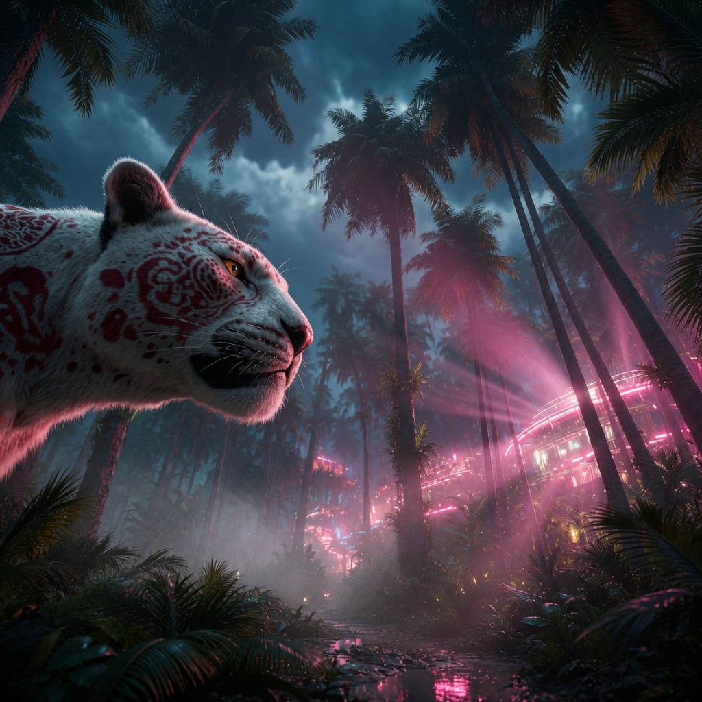 White tiger overlooking a neon jungle concept for EAPES Island