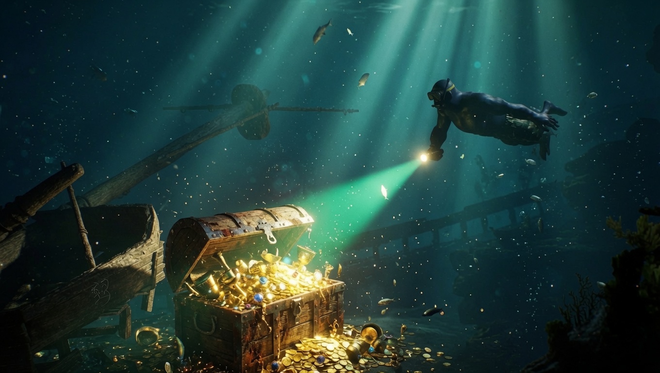 Underwater explorer discovering a glowing treasure chest